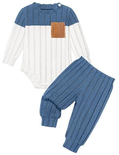 Baby Boy Clothes Color Block Ribbed Knitted Outfits Long Sleeve Romper+ Pants 2PCS Outfit 0-12 Months - Image 1