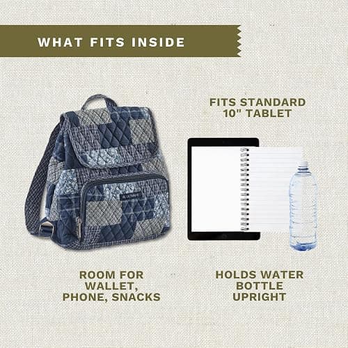 Bella Taylor Mini Backpack, Quilted Hands-Free Bag, Heritage Blue Patch | Lightweight 6-pocket quilted cotton backpack, adjustable straps, machine washable, fits water bottle, tablet, snacks, wallet thumbnail 8