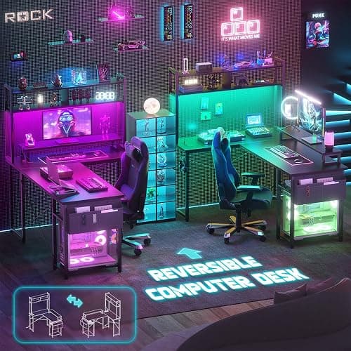 Aheaplus Small L Shaped Gaming Desk with LED Lights & Power Outlets, Reversible L-Shaped Computer Desk with Monitor Stand & Storage Shelf, Corner Desks Home Office Desk with Storage Bag, Black thumbnail 6