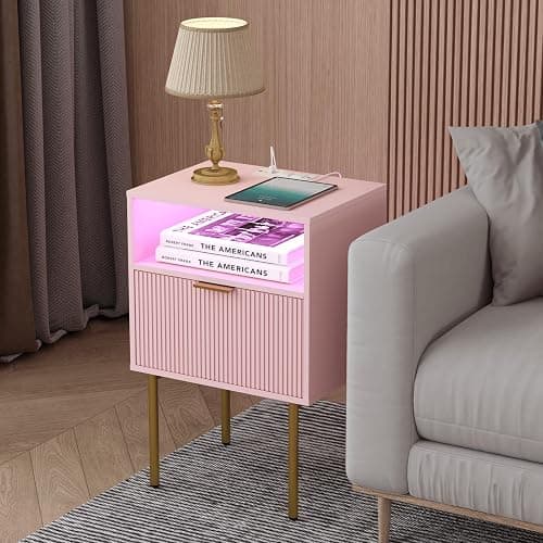 JOONEE Modern Nightstand with Charging Station and LED Lights, White Bedside Table with Drawer, Fluted Side Table for Living Room, Bedroom thumbnail 6