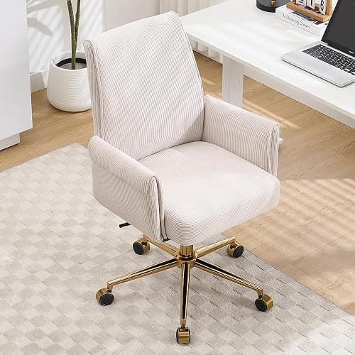 YITAI Stripes Velvet 360°Swivel Desk Chair, Modern Height Adjustable Home Office Armchair with Gold Base and Wheels for Vanity, Comfy Computer Chair for Study Living Room Bedroom（Beige） thumbnail 3