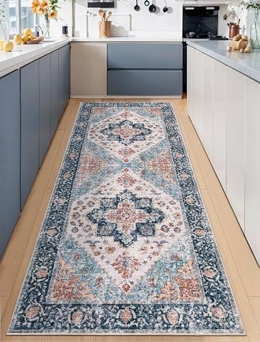 SERISSA 2x6 Washable Non Slip Boho Runner Rug for Hallway,Blue Orange | Ultra Soft Vintage Oriental Carpet Low-Pile Distressed Tribal Floor Carpet for Kitchen Bedroom Bathroom Laundry Living Room - Image 1