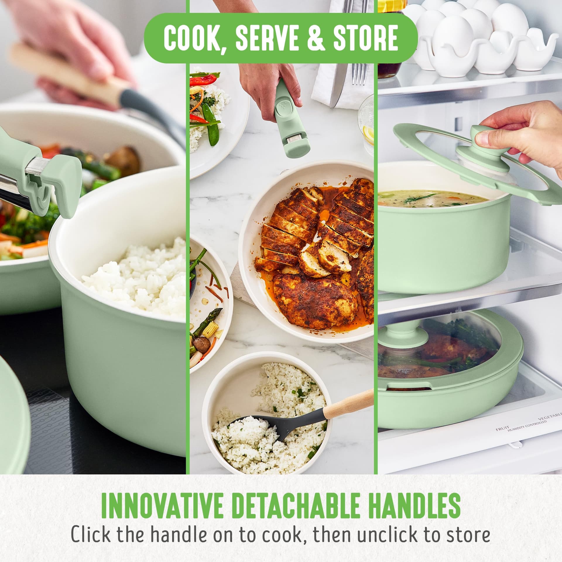 GreenLife Click 10-Piece Ceramic Nonstick Cookware Set, Detachable Handle, Stackable Space Saving Kitchen Essential, Non Toxic PFAS-Free Pots & Pans, Induction & Oven Safe, Glass Lid, Sage Green thumbnail 6