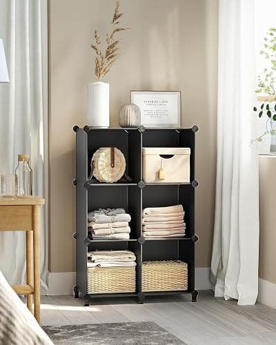 SONGMICS 6 Cube Storage Organizer, Modular Bookshelf, DIY Closet Organizers and Storage, Plastic Stackable Shelves, 11.8 x 11.8 x 11.8 Inch Cubes, with Feet and Rubber Mallet, Black ULPC06H thumbnail 4