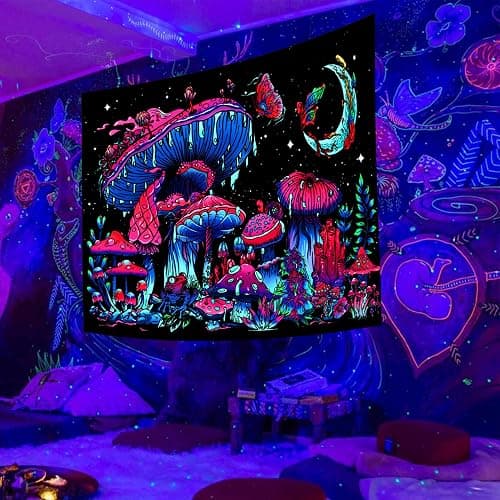 TUGCAY Blacklight Mushroom Tapestry, Glow In The Dark Black Light Plant Tapestry Fantasy UV Reactive Mushroom Butterfly Moon Tapestries Posters Wall Hanging for Bedroom Dorm Decor(30"x40") thumbnail 3
