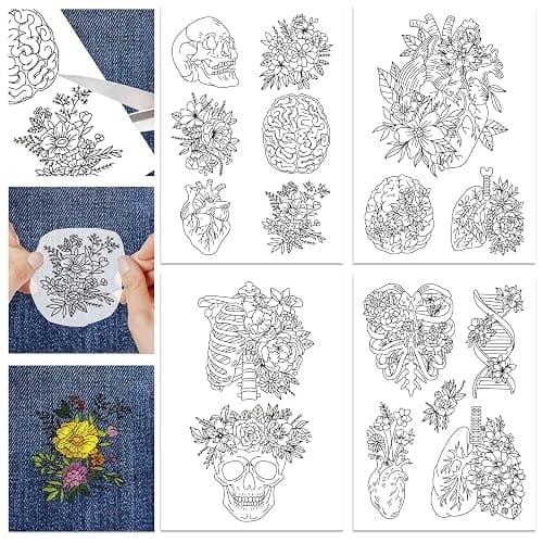 GLOBLELAND 4 Sheets Flower and Organ Skeleton Water Soluble Stabilizer Hand Sewing Stabilizers with Pre Printed Stick and Stitch Self Adhesive Wash Away Stabilizer for Bags Cloth Embroidery - Image 1