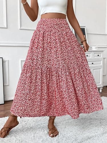TuoGo Women's Smocked High Waist Maxi Skirt Casual Boho Long Skirts with Pockets thumbnail 8