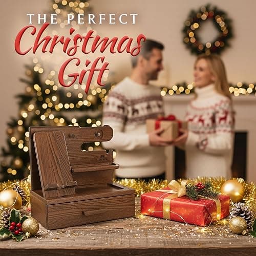 TESLYAR Wood Phone Docking Station with Drawer - Nightstand Organizer - Desk Organizer for Husband - Birthday Gifts for Men, Dad, Anniversary Idea, Key Holder Stand Watch & Accessories (Bourbon Brown) thumbnail 3