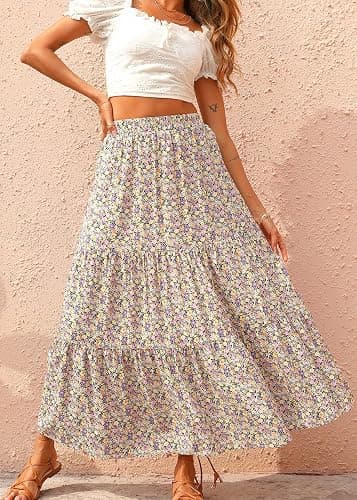 KIRUNDO Women 2026 Spring Summer High Waist Boho Floral Maxi Skirt Trendy Casual Flowy Swing Pleated A Line Beach Long Skirts thumbnail 2