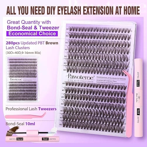 Pawotence Lash Extension Kit DIY 280pcs Brown Lash Clusters Eyelash Extension Kit 30D 40D 9-16mm Individual Lashes Kit with Lash Bond and Seal Lash Tweezers for Self Use (Brown 30D 40D, 9-16mm, Kit) thumbnail 2