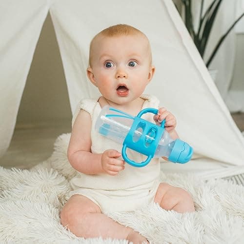 Dr. Brown's Milestones Narrow Sippy Straw Bottle, Spill-Proof with 100% Silicone Handles and Weighted Straw, 8 oz/250 mL, Gray & Blue, 6m+ thumbnail 4