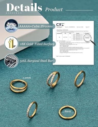 CASSIECA 5Pcs 18G 16G Surgical Steel Nose Rings Hoop for Women CZ Clicker Hinged Septum Ring Lip Helix Cartilage Double Hoop Earring Daith Rook Conch Body Piercing Jewelry for Women 8mm 10mm thumbnail 4