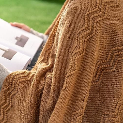 MIULEE Knitted Brown Throw Blanket for Couch,Boho Bed Decor Knit Outdoor Blankets Throw Size with Tassels Cozy Woven for Sofa Home Chair Wave Pattern 50" x 60" Inches thumbnail 2