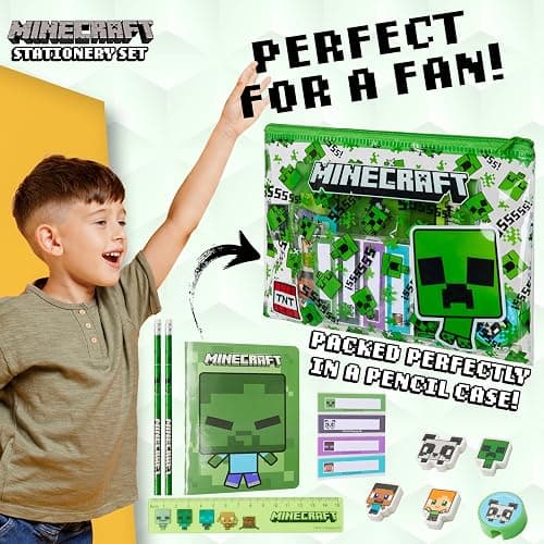Minecraft Filled Pencil Case and Stationery Set for Kids, School Supplies - Gifts for Boys (Green) thumbnail 3