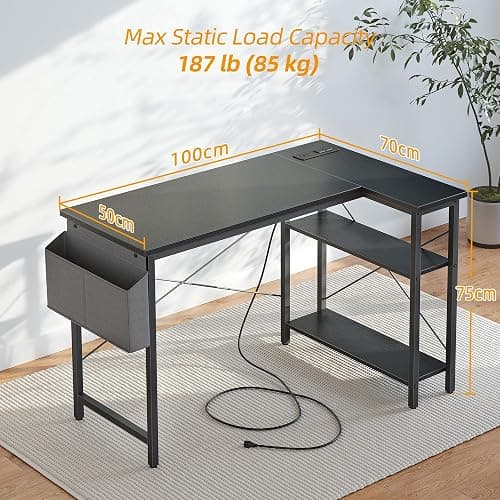 TIQLAB Small L Shaped Computer Gaming Corner Desk with Power Outlets, Reversible Shelves for Study, Writing Table for Home, Office, Bedroom, Living Room, 40 inches, Black thumbnail 3
