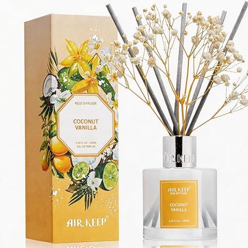 Airkeep Reed Diffuser Set,3.38 fl oz (100 ml) - Coconut Vanilla Oil Diffusers with 8 Reed Sticks, Home Fragrance Reed Diffuser for Bathroom Shelf Decor - Image 1