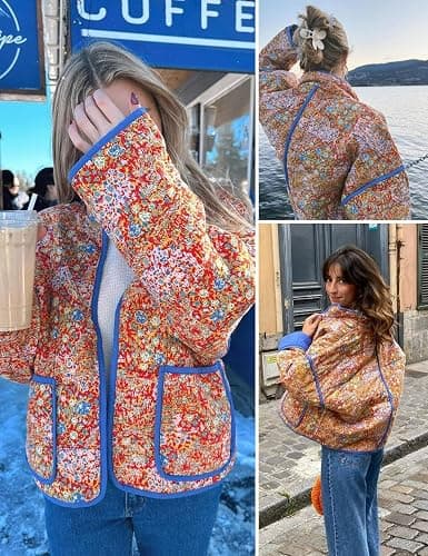 Omoone Women's Cropped Quilted Jacket Floral Printed LightWeight Padded Puffer Cardigan Coat Outwear thumbnail 5