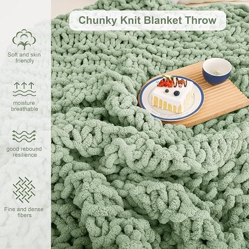 Mooreeke Chunky Knit Blanket 50"x60" Light Green Soft Washable Chenille Throw Blanket Cozy 100% Handmade Crochet Blankets with Jumbo Chenille Yarn for Couch Bed Sofa Room Decor thumbnail 4