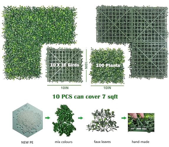 Bybeton Artificial Boxwood Grass Wall Panels - 10"x 10" (10Pcs) Faux Green Panels for Interior Backdrop - Garden - Indoor Outdoor Plants Decor thumbnail 2