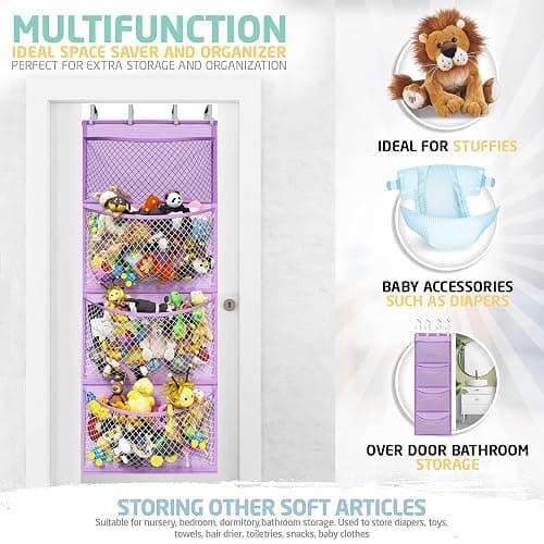 Honeyera Plush Storage (Patent Pending) - Plush Hammock Net Over Door Organizer for Stuffies, Baby Accessories, Toy/Hammock Hanging Storage Big Girls Toddler Large Bag Animals (Purple) thumbnail 8