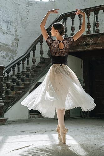 Women Ballet Lace Short Sleeve Dance Leotard Tank, Hollow Back Dancewear thumbnail 7