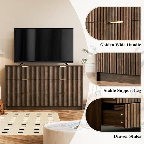 Furniway Walnut Dresser for Bedroom, Modern Dresser with 6 Drawers and Smooth Slides, Wide Chest of Drawers with Golden Handles for Bedroom, Living Room, Closet, 15.7" D x 55.1" W x 31.4" H thumbnail 3
