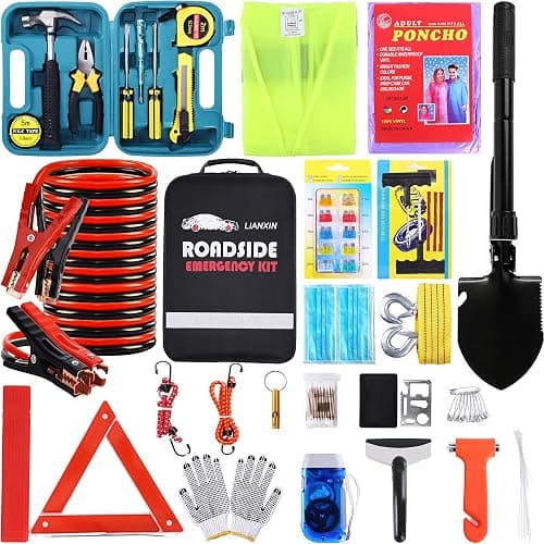 LIANXIN Roadside Emergency Car Kit-Safety Car Kit Car Emergency Kit with Jumper Cables Roadside Assistance Kit, Tow Rope, Safety Hammer, Reflective Warning Triangle,Car Tool Kit - Image 1