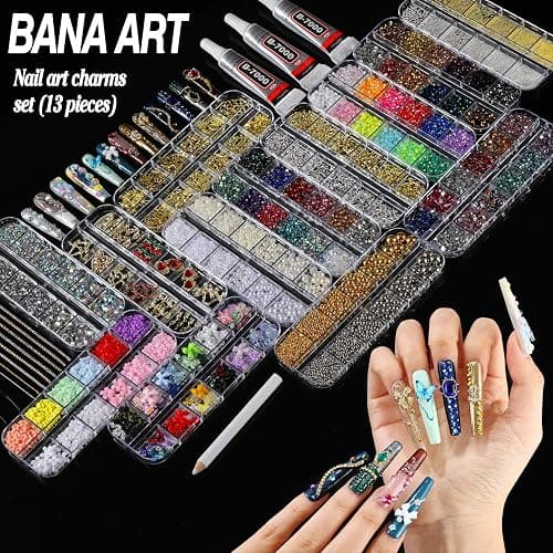 BANA Nail Charms for Rhinestones Kit with 13 Boxes of Nail Gems, 18000Pcs 3D Gold and Silver Nail Charms with Cross, Crown, Pearls for DIY Nail Designs thumbnail 2