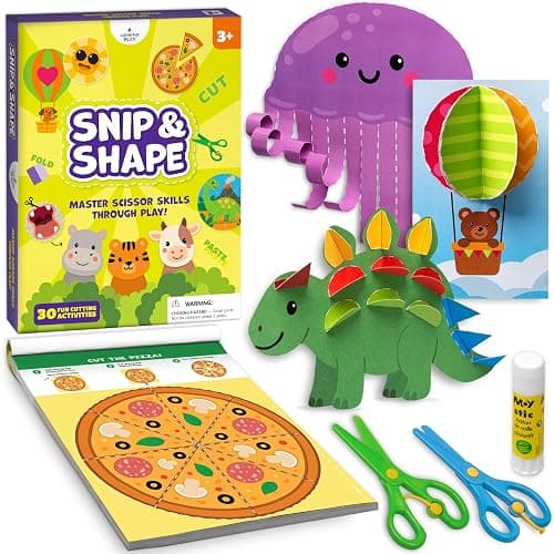 Snip & Shape Scissor Skills Activity Book with Toddler & Kids Scissors 3-5 | 30 cutting crafts for fine motor skills, 2x childrens safety scissors, kindergarten & preschool learning activity workbook - Image 1