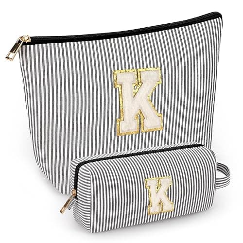 2 PCS Initial Makeup Bags for Women: Cosmetic Bag for Travel Toiletry - Birthday Gifts for 11 12 13 14 15 16 17 18 Years Old Girl Graduation Teacher Gift- Teen Girl Gifts Trendy Stuff - Black K - Image 1