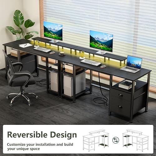 Furologee 61" Gaming Desk with Power Outlets & LED Lights, Reversible Computer Desk with File Cabinet & Monitor Stand for Home Office, Large Work Table with Storage Shelves & Drawer, Black thumbnail 8
