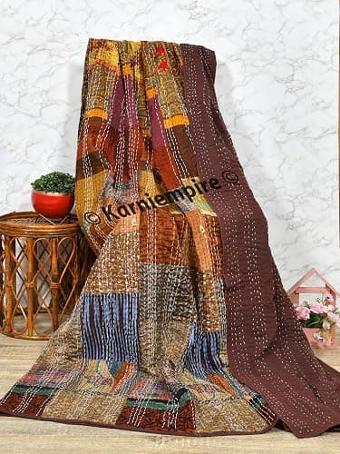 Indian Patchwork Kantha Quilt Throw Handmade Silk Sari Patola Ethnic Reversible Bohemian Bedding Bedspread Vintage Stitched Boho Gudri Blanket Bed Sofa Cover Decorative (Queen [90"X108"], Brown) thumbnail 2