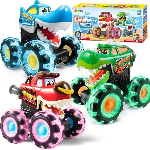 JOYIN 3 Pack Monster Truck Toy - Motion Activated Light-Up Cars for Toddlers - Monster Treads Lightning Wheels - Baby Toy Trucks - Press & Go Cars for Kids Boys Birthday Gifts for Christmas - Image 1