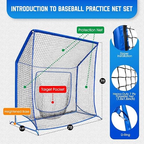 Baseball Softball Net with Blocking System, 7x7ft/6x6ft Practice Cage for Batting/Pitching/Fielding, Metal Frame with Elevated Base and Storage Bag for Backyard Outdoor Indoor thumbnail 8