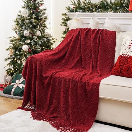 BATTILO HOME Christmas Decor Red Throw Blanket for Couch, Boho Bed Throws for Foot of Bed, Decorative Red Throws for Sofa Living Room, 50"x60" thumbnail 2