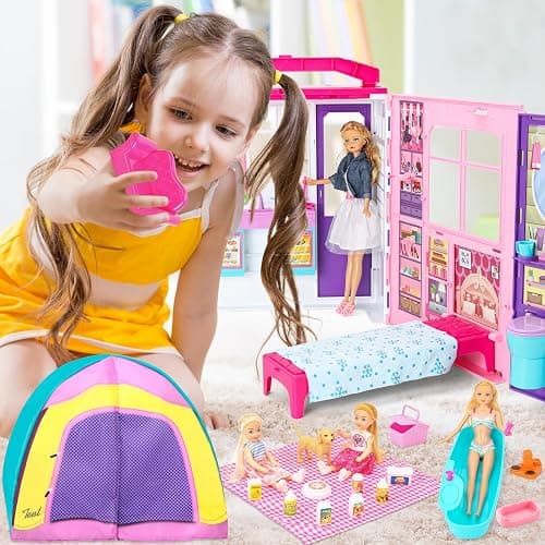 Style Shine Doll House Portable & Foldable Dollhouse w/ 60+ Pcs & 2 Dolls, Play House Toy with Bedroom Kitchen Pet House Camping Playset, Playhouse Birthday Gift for Girl Kid Toddler thumbnail 6