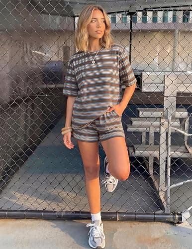ZESICA Womens Summer 2 Piece Short Sets Striped Loose Fit Matching Lounge Airport Travel Workout Beach Vacation Outfits thumbnail 6