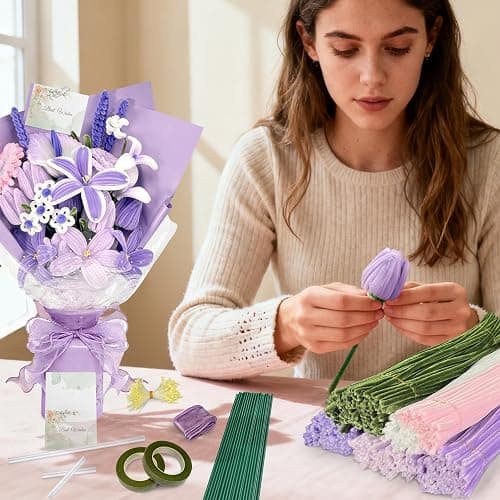 LINAYE 500 PCS Pipe Cleaners Craft, 6 Colors Pipe Cleaners Flowers Kit, Chenille Stems for Crafts with Instruction Wrapping Paper, Flower Stamens, Stems Art and Craft Supplies Purple thumbnail 5