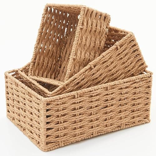 Small Wicker Basket for Organizing, Woven Storage Basket Set of 3 - Handwoven Natural Paper Rope Baskets to Declutter Any Room, Perfect for Organizing and Home Decor - Image 1