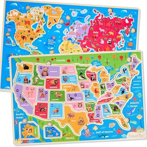 Montessori Mama Wooden Puzzles for Kids Ages 4-6, USA States and Capitols, World Continents and Oceans, Combo Set 2 Toddler Puzzles - Image 1