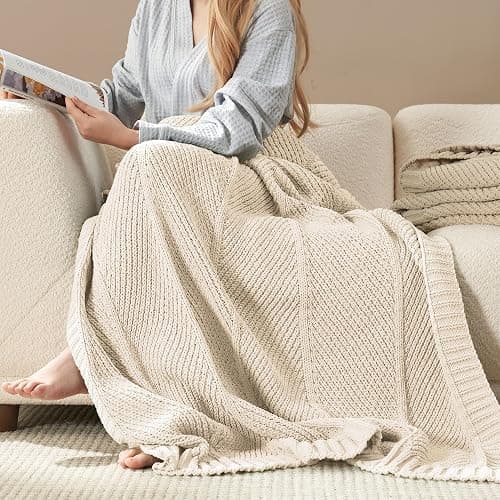 Amélie Home Chevron Chenille Knit Throw Blanket for Couch, Cozy Texture Decorative Soft Blanket for Sofa & Chair, 50"x60", Ivory thumbnail 4