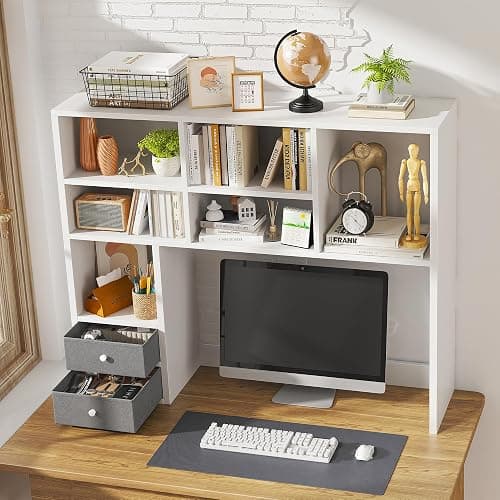 REIBII Desktop Bookshelf, High-Capacity Desk Hutch Organizer with 8 Shelves and 2 Drawers, Adjustable 5-Tier Bookshelf Storage, Home Office Desktop Shelf Stand, Collage Dorm Desk, White thumbnail 3