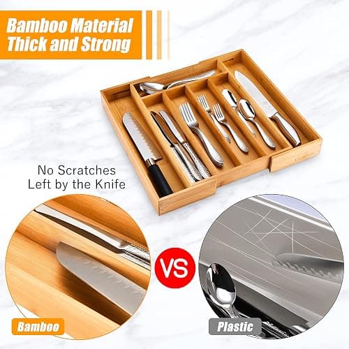 Bellsal Silverware Organizer Kitchen Drawer Organizer Expandable Bamboo Utensil Holder Cutlery Tray for Kitchen Utensil and Flatware Bedroom Office - Nature - 7 Slots Expandable thumbnail 4