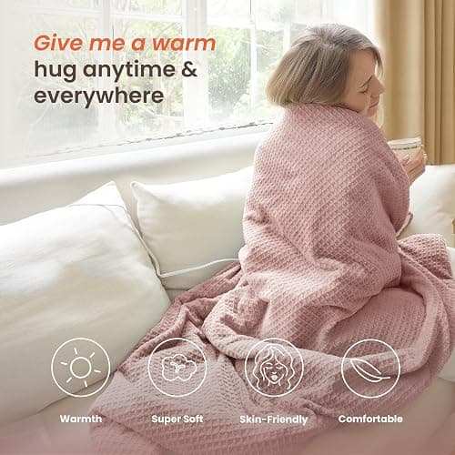 blunique Heated Blanket Electric Throw Waffle, 50x60 Inches Sherpa Fleece Fast Heating Blanket 6 Heating Levels & 4 Hours Auto Off ETL Certification, Pink Throw thumbnail 3