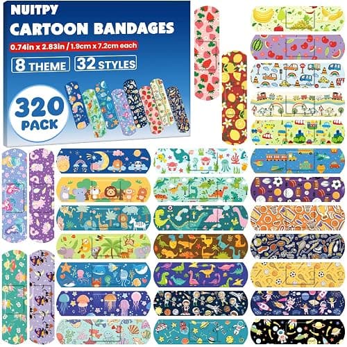 320 Pack Kids Cartoon Bandages, 32 Styles Adhesive Bandages Kid, Flexible Adhesive Colorful Cute Cartoon Bandages for Boys Girls, Waterproof Bandage for Kids Protect Scrapes - Image 1