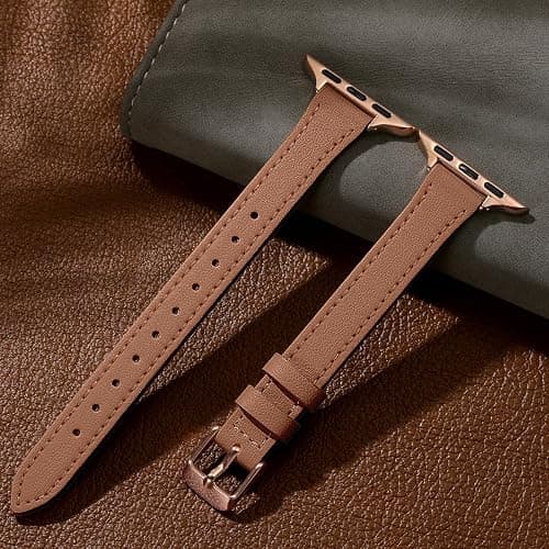 CeMiKa Bracelets Cuir Etroit Compatible avec Bracelet Apple Watch 38mm 40mm 41mm, Bracelet Remplacement Cuir Véritable pour Apple Watch SE3 SE/iWatch Series 11 10 9 8 7 6 5 4 3, Femmes Hommes, Marron thumbnail 5