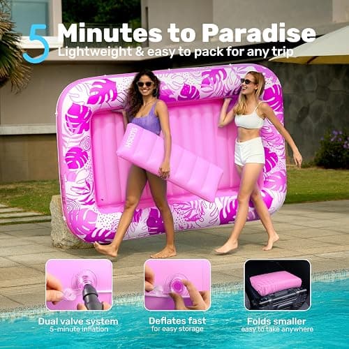 SLOOSH Inflatable Tanning Pool Lounger Float, 85" x 57" Extra Large Pool Floats Adult with Pillow, 4 in 1 Suntan Tub Raft Floatie,Sunbathing Bed Lounge Blow Up Ball Pit Party Gifts, XL-Hot Pink thumbnail 6