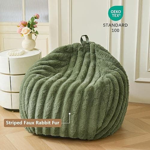 MEGO Kids Fluffy Faux Rabbit Fur Bean Bag Chair Cover(No Filler), Cozy Moss Plush Shaggy Striped Stuffed Animal Storage Bean Bag, Fuzzy Ribbed Beanbag Cover Kids Girls Teens Adult, Sage Green thumbnail 4