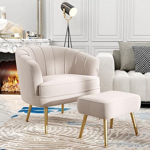 Andeworld Velvet Accent Chair with Ottoman, Upholstered Modern Single Sofa Side Chair,Comfy Barrel Club Living Room Armchair with Golden Metal Legs for Bedroom Living Reading Room Office, Beige thumbnail 3