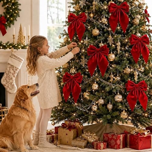 Large Christmas Bows, Velvet Bows for Xmas Tree Topper Garland Wreath Decor | 12" x 8" Red Christmas Tree Topper Bows Velvet Ribbon Bows Ornaments for Gift Wrapping Staircase Mantel Door DIY 6PCS thumbnail 2